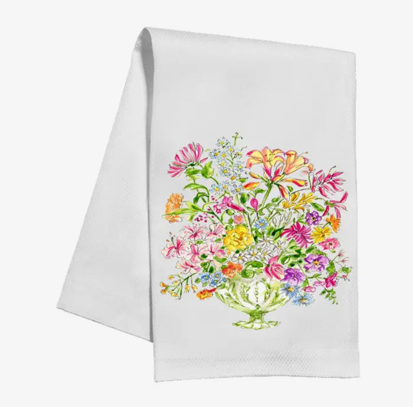 Hand Painted Green Floral Arrangement Kitchen Towel