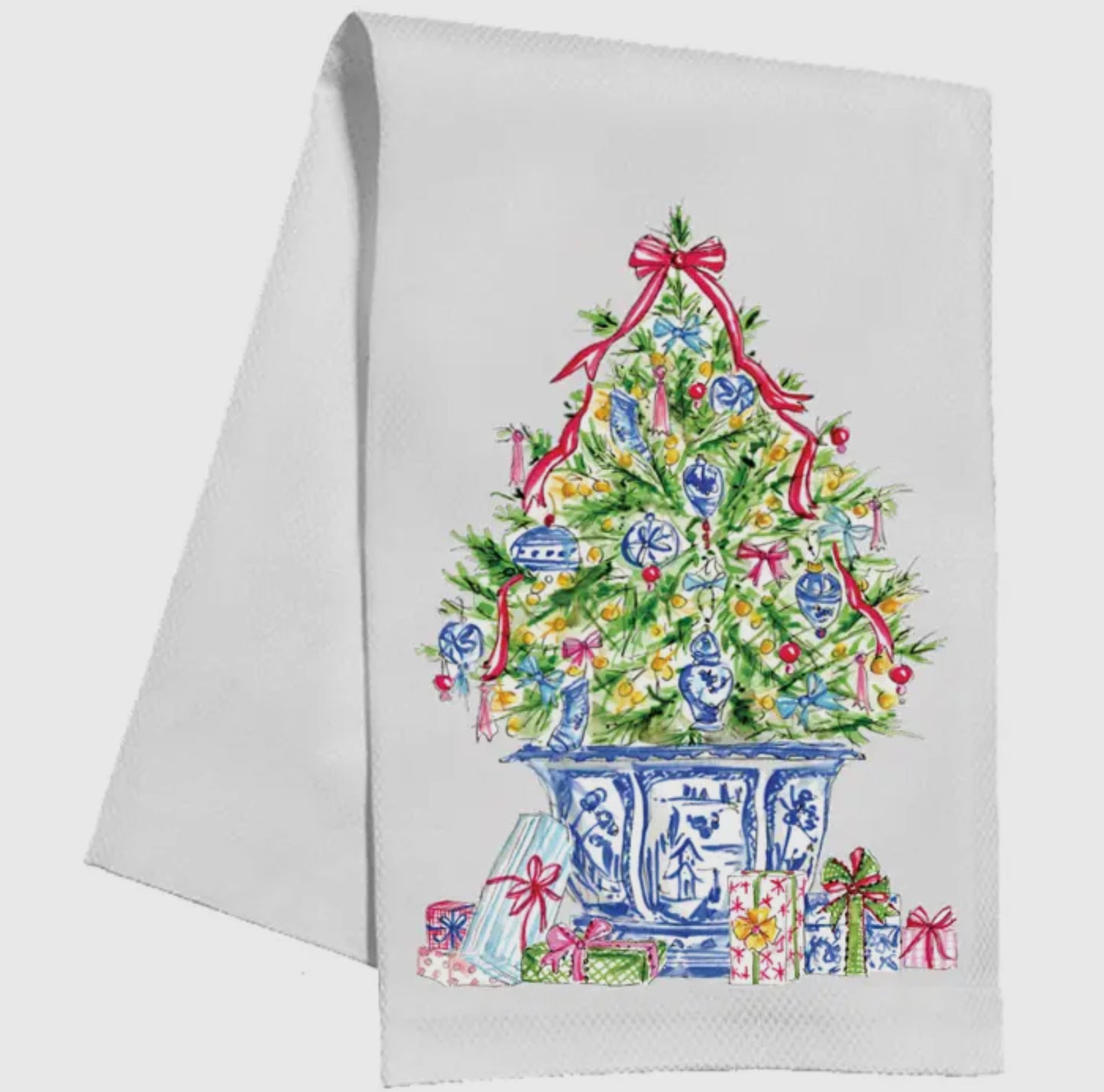 Christmas Tree with Blue Chinoiserie Ornaments Kitchen Towel