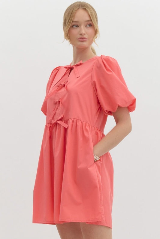 Bubble Sleeve Bow Mini Dress