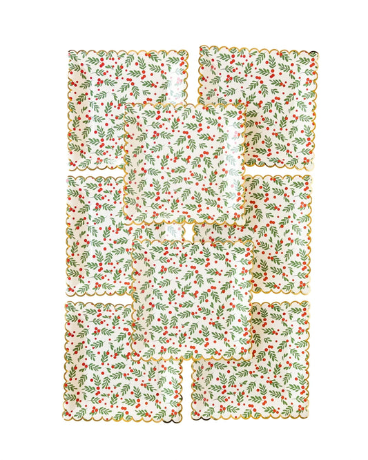 Holly & Stripes Scallop Paper Plates