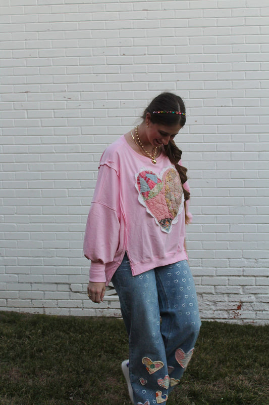 Scallop Heart Balloon Sleeve Sweatshirt