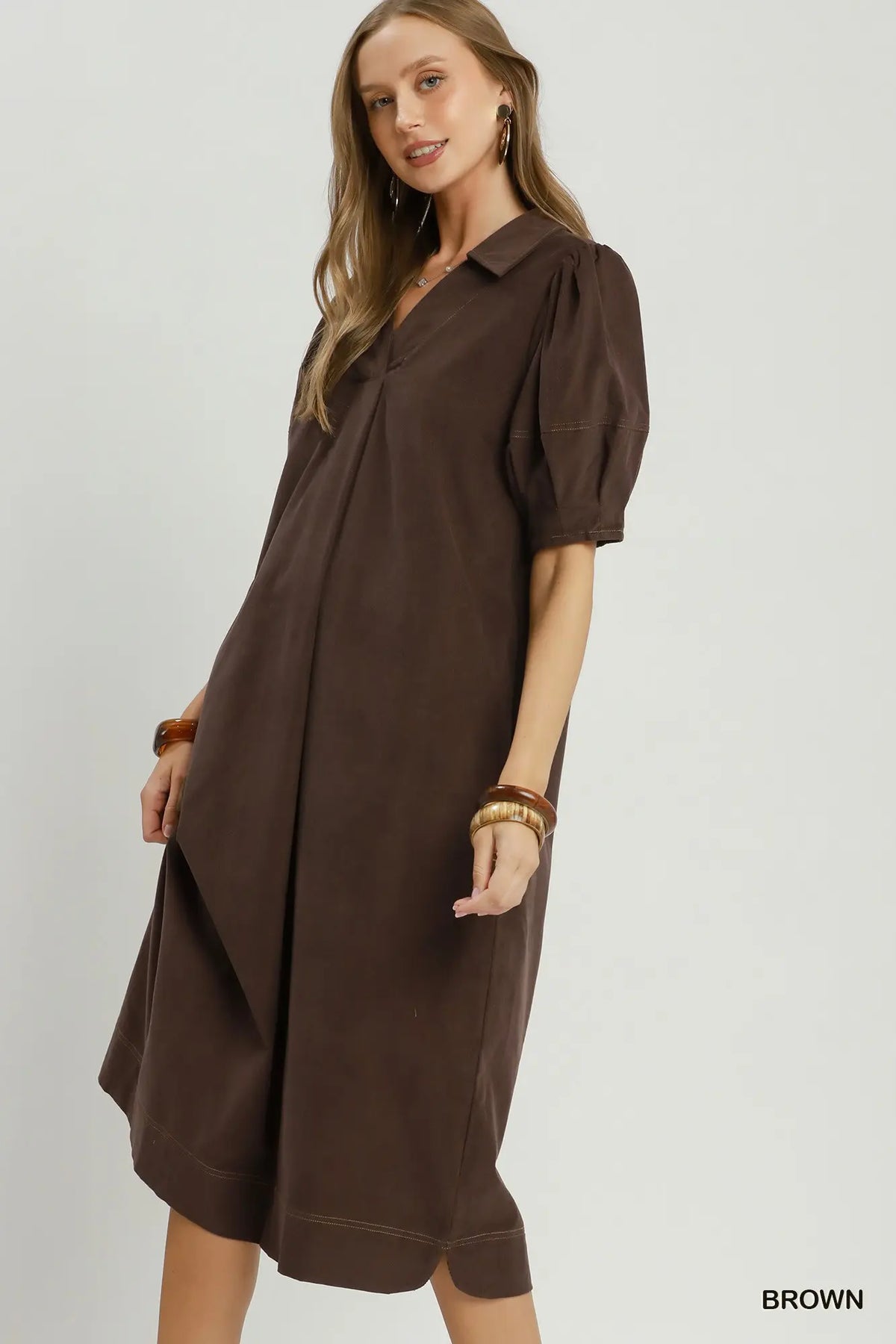 Brown Corduroy Puff Sleeve Dress