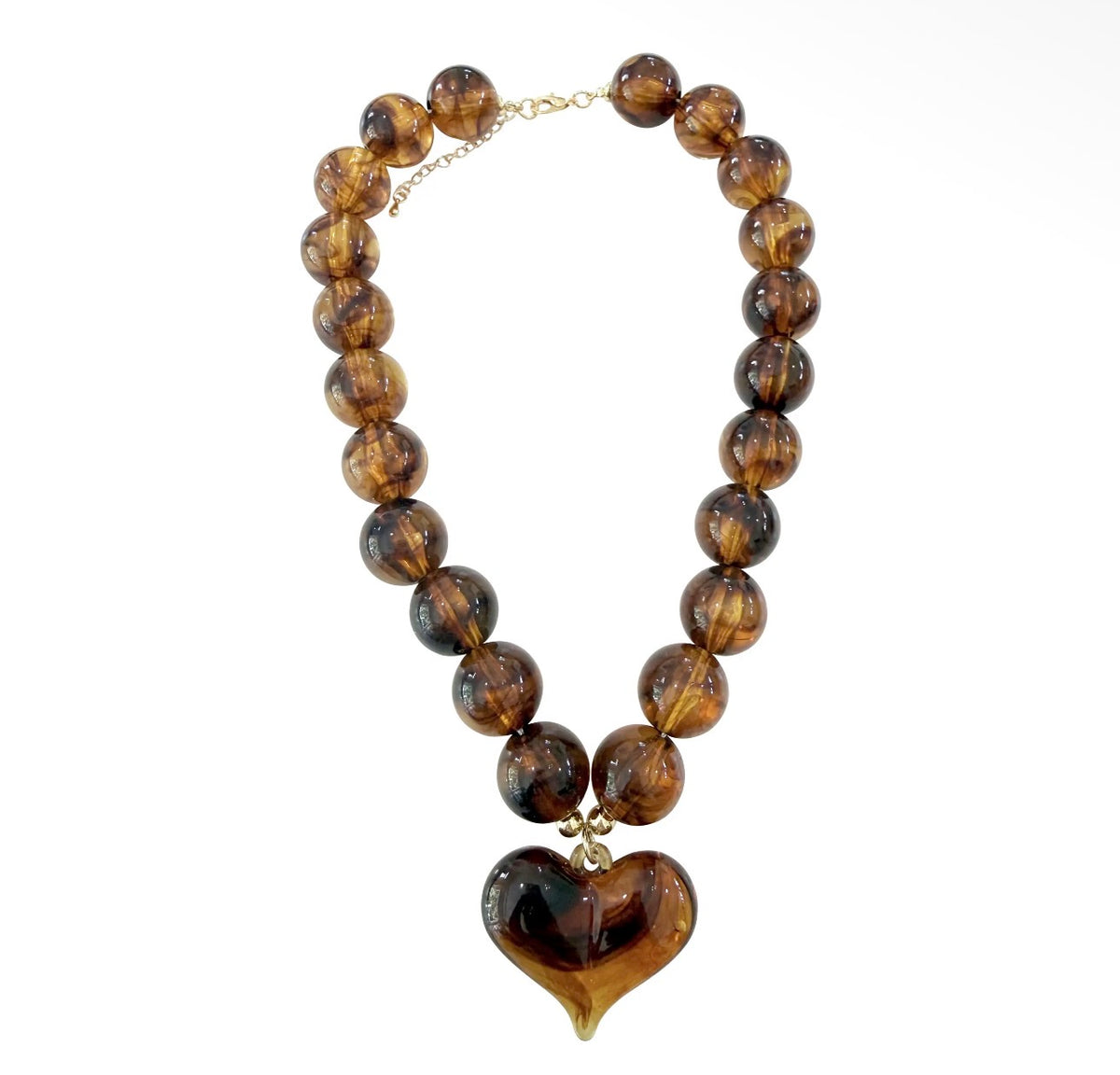Chunky Beaded Brown Necklace with Heart Charm