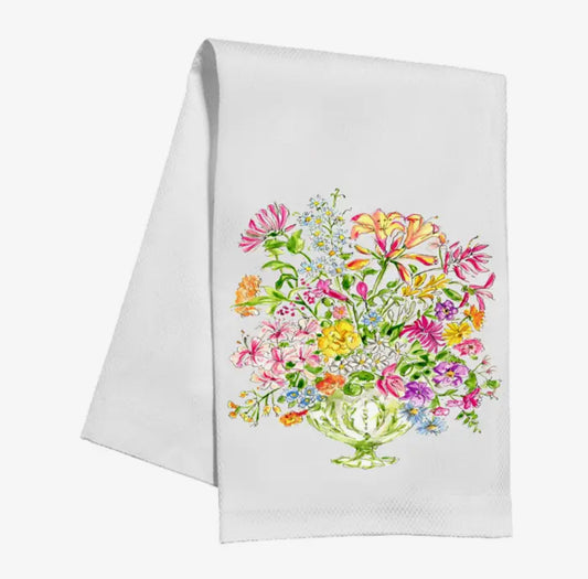 Hand Painted Green Floral Arrangement Kitchen Towel