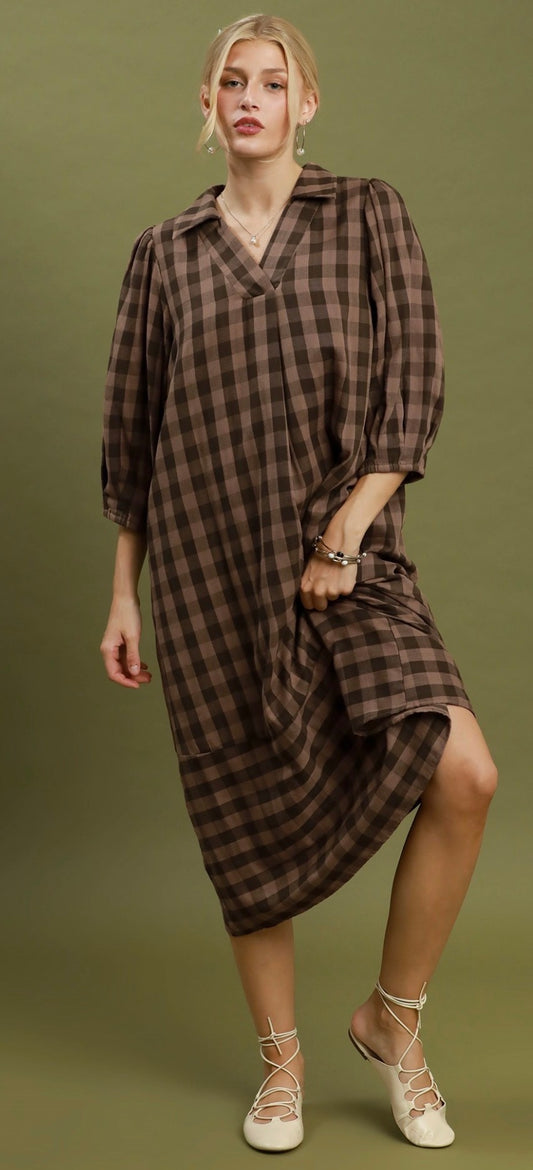 Brown Checkered Midi Dress