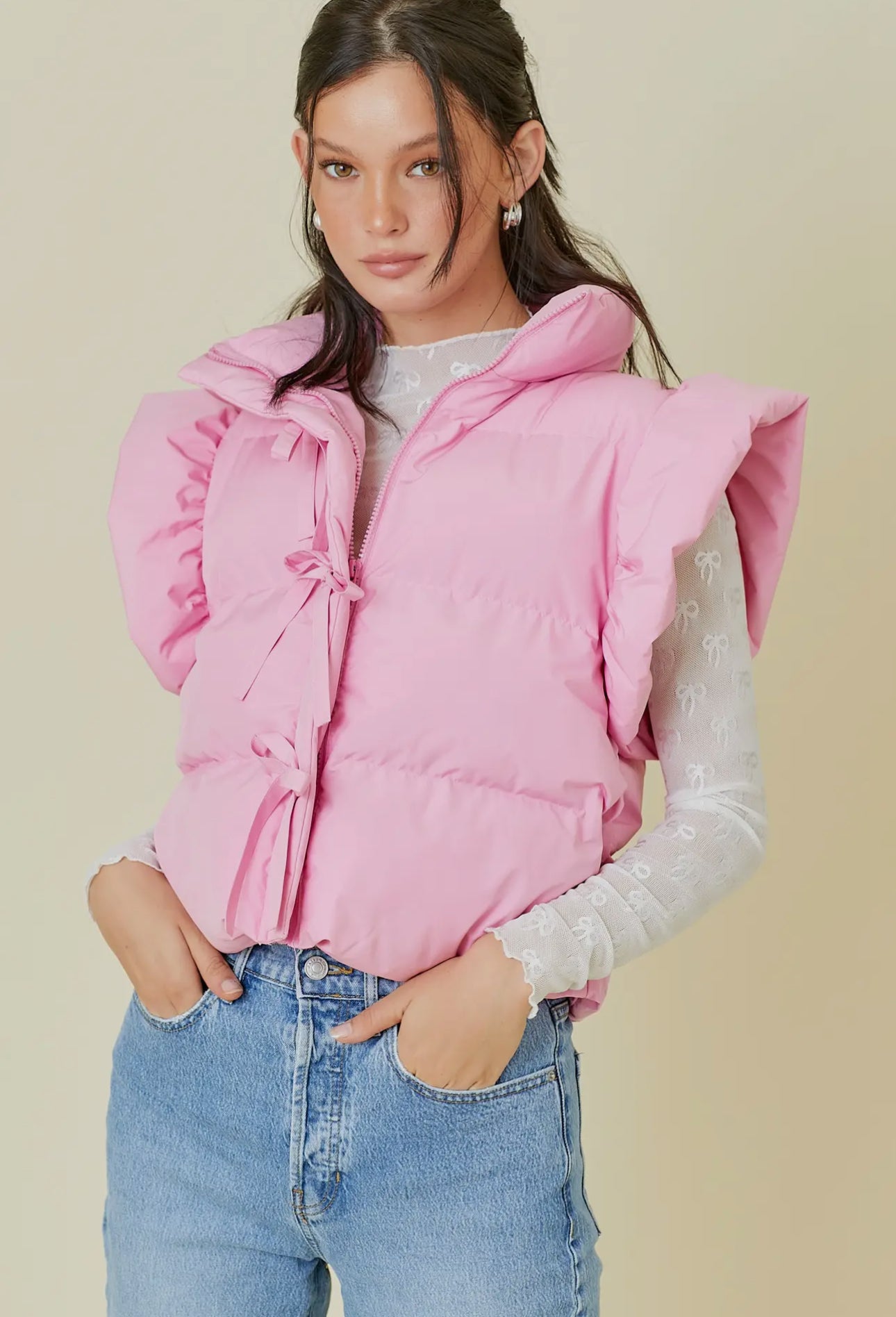 Light Pink Puffer Bow Vest