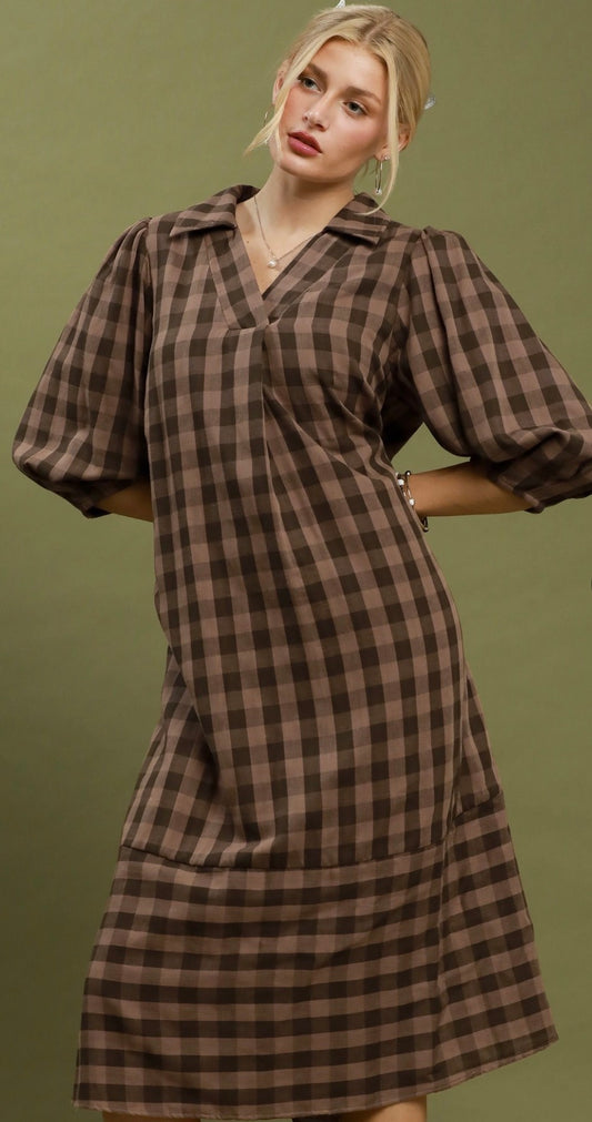 Brown Checkered Midi Dress