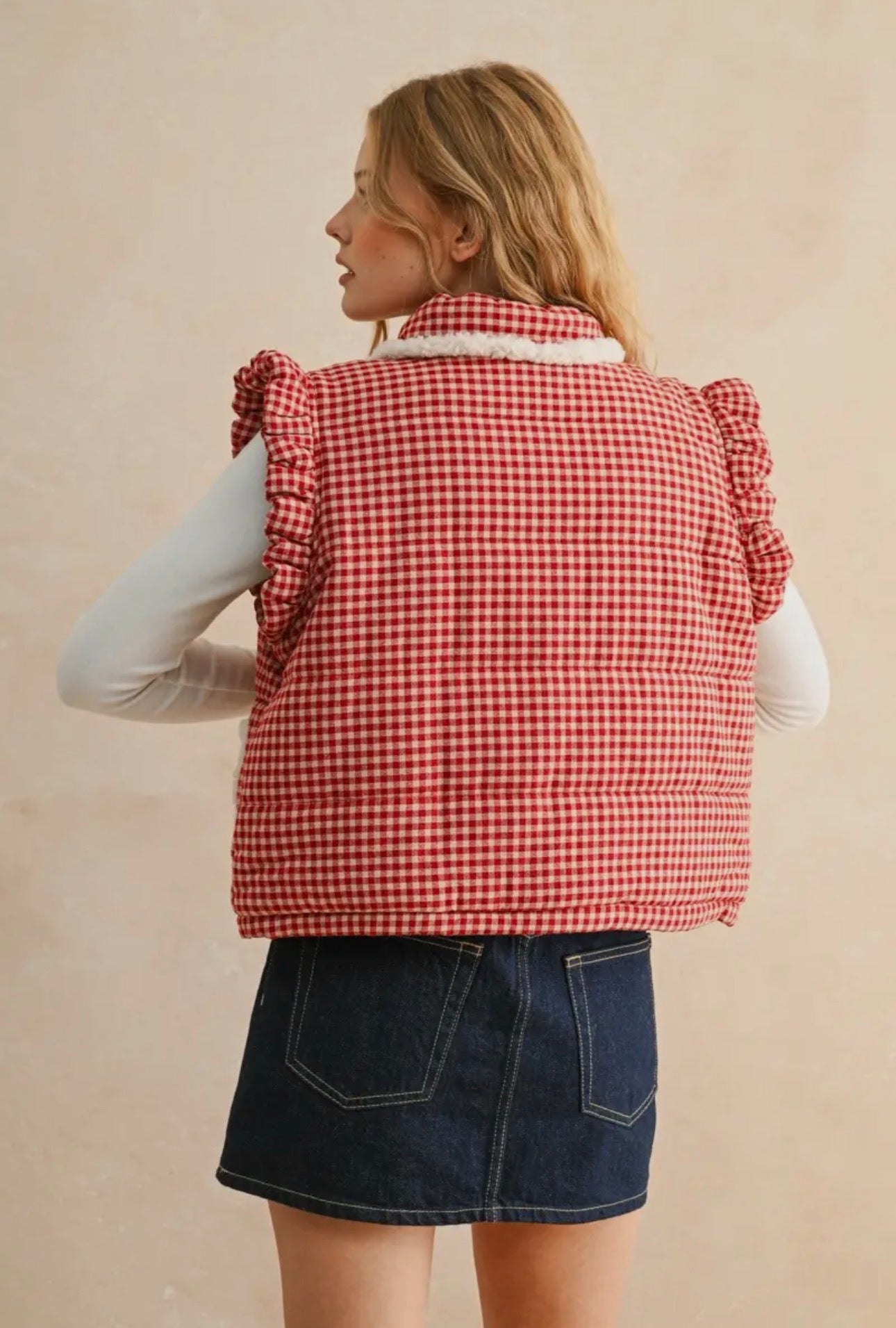 Gingham Sherpa Red Vest