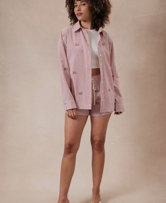 Red Stripe Embroidered Flag Button Down