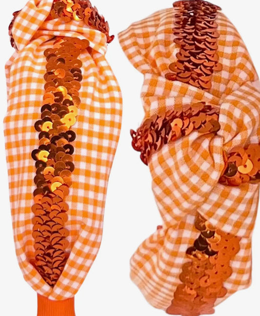 Orange Sequin On Orange Gingham Headband