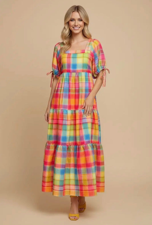 Colorful Checkered Tiered Maxi Dress