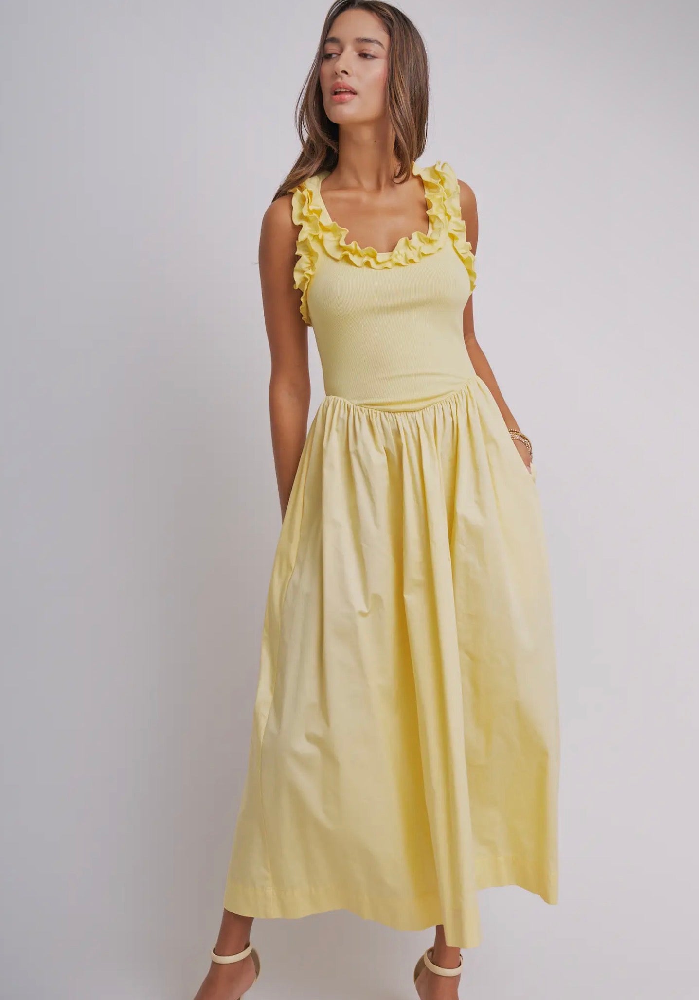 Ribbed Knit Poplin Midi Dress