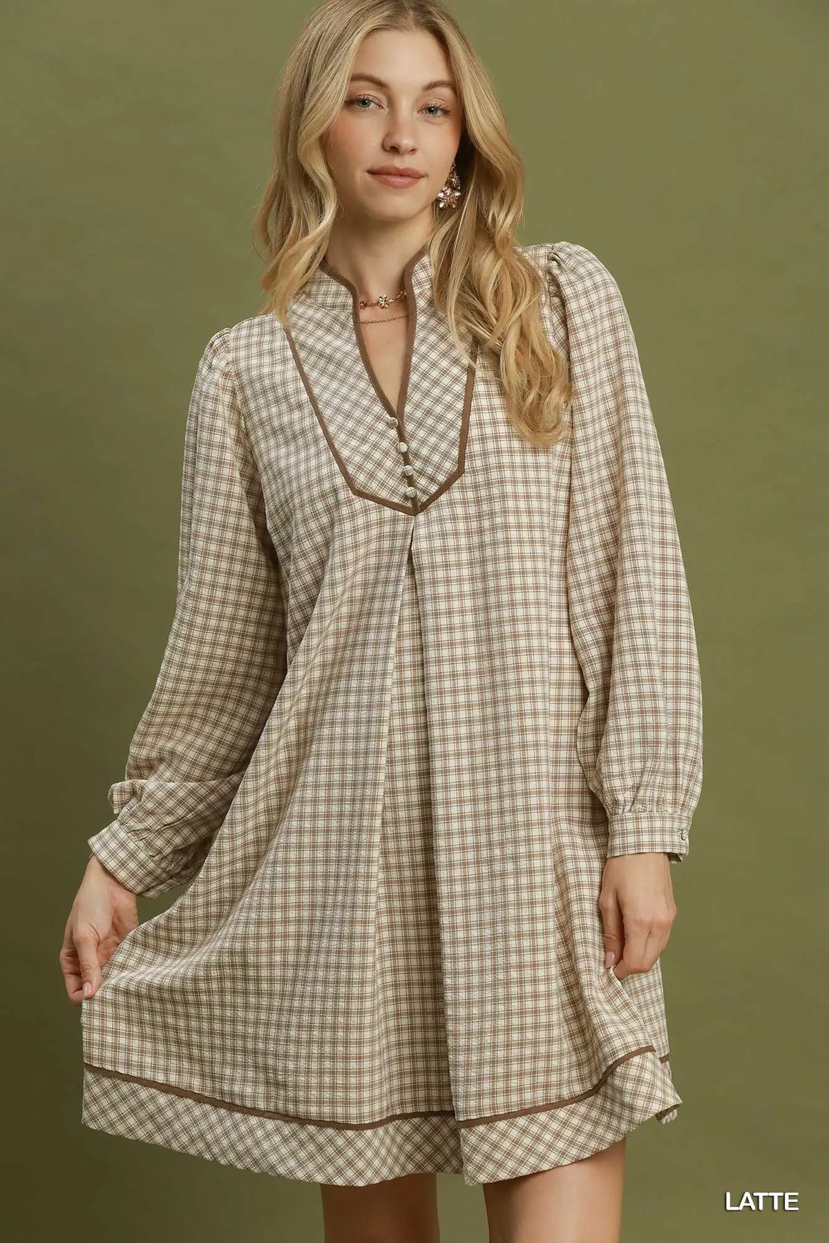 Plaid Contrast Collar Long Sleeve Shift Dress