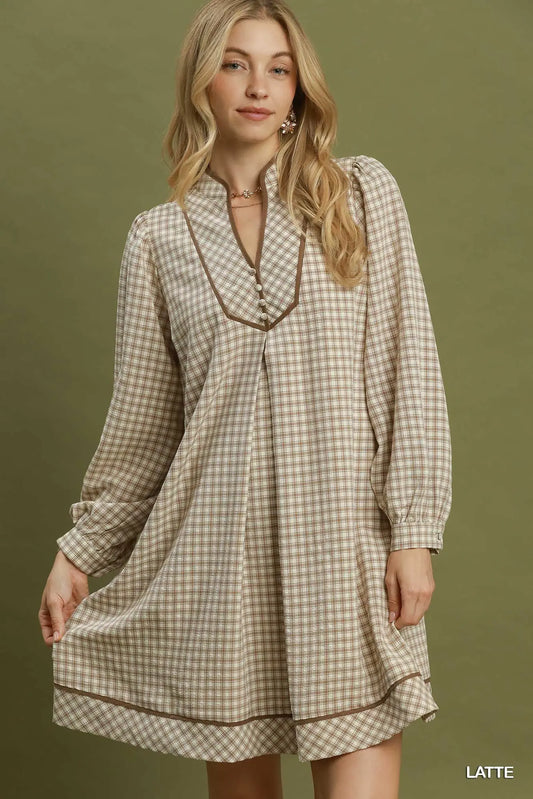 Plaid Contrast Collar Long Sleeve Shift Dress