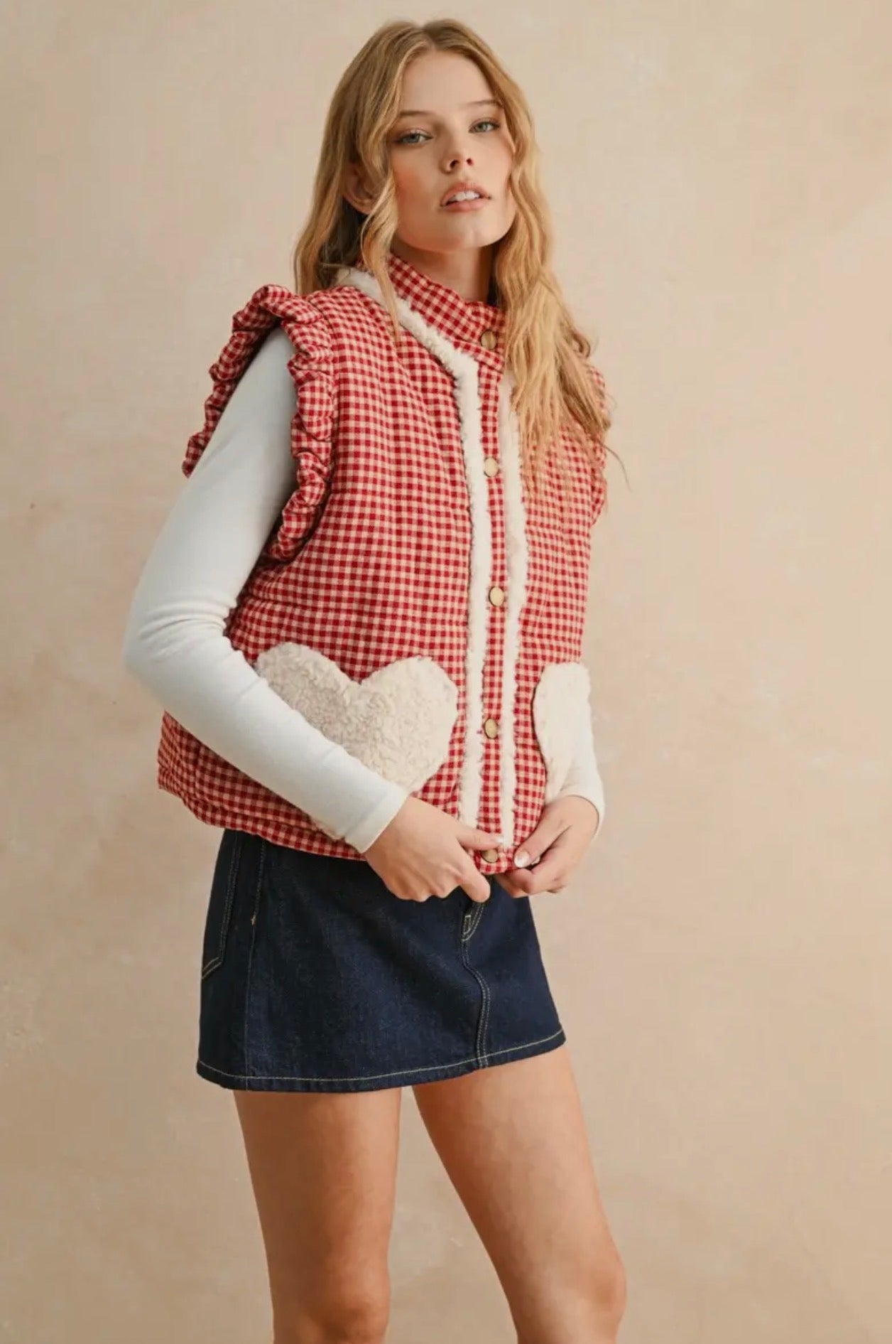 Gingham Sherpa Red Vest