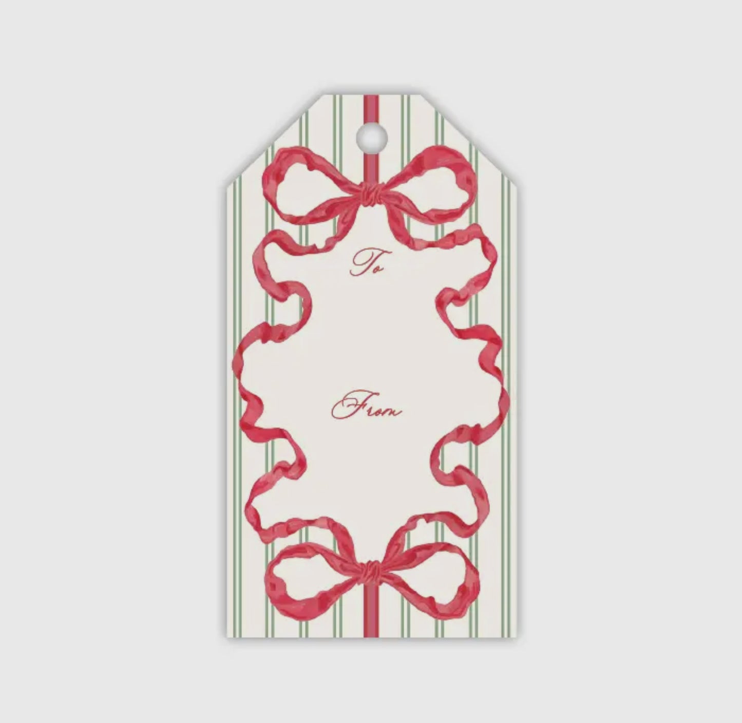 Holiday Red Bow On Green Stripe Gift Tag