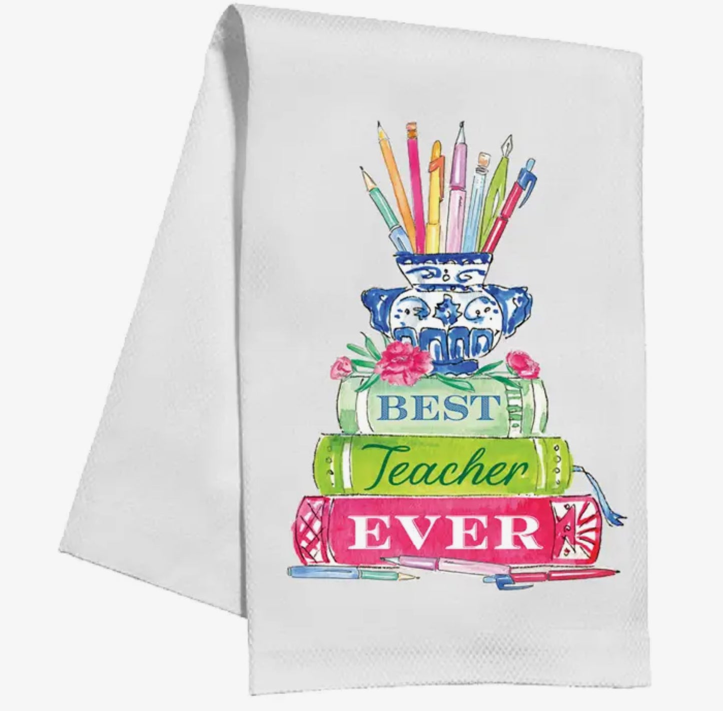Best Teacher Ever Book Stack with Pencil Cup Kitchen Towel