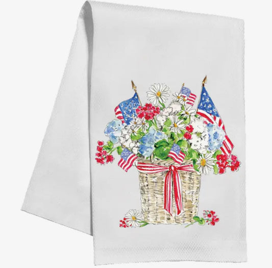 Patriotic Flowers and Flags in Basket Planter Kitchen Towel