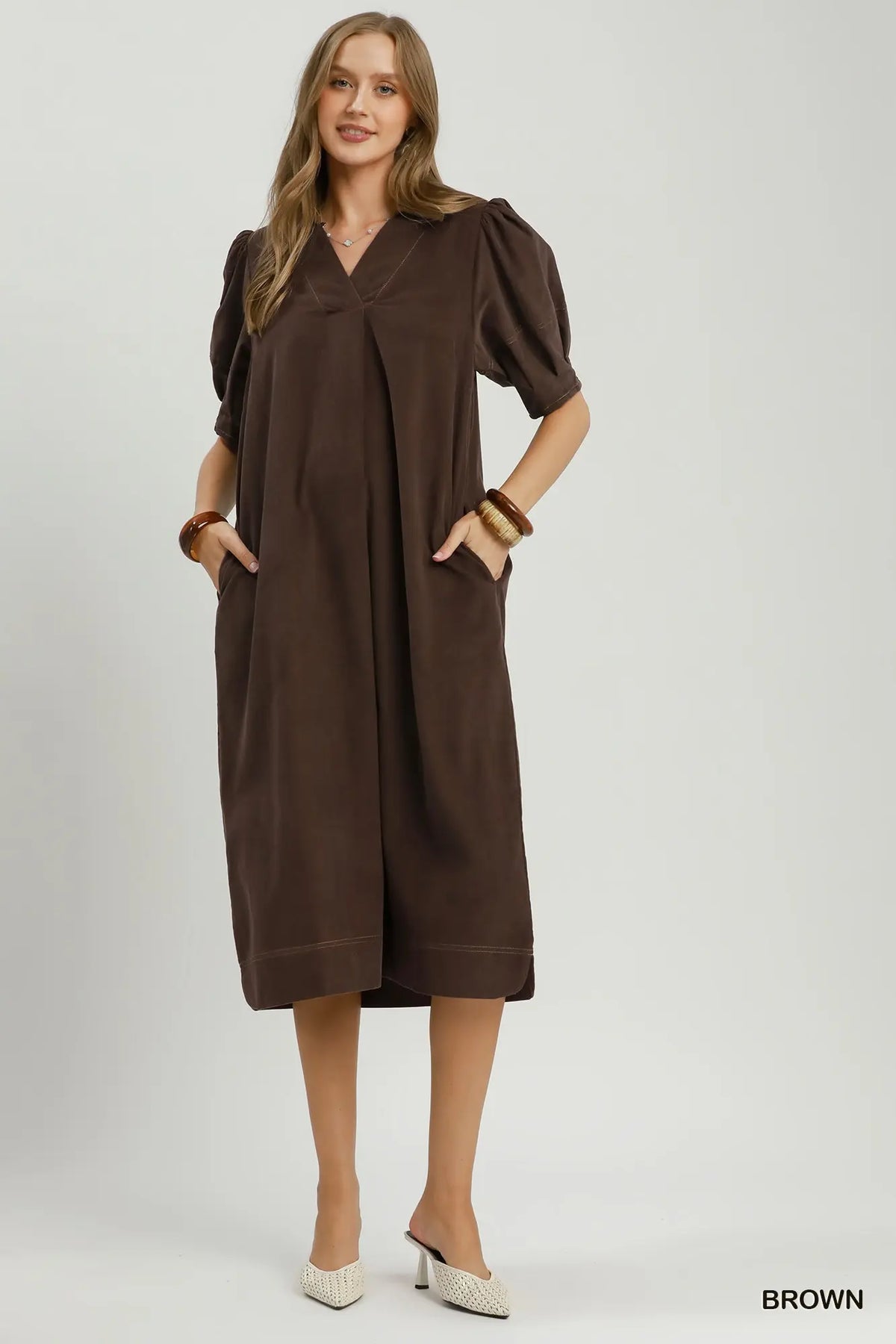 Brown Corduroy Puff Sleeve Dress