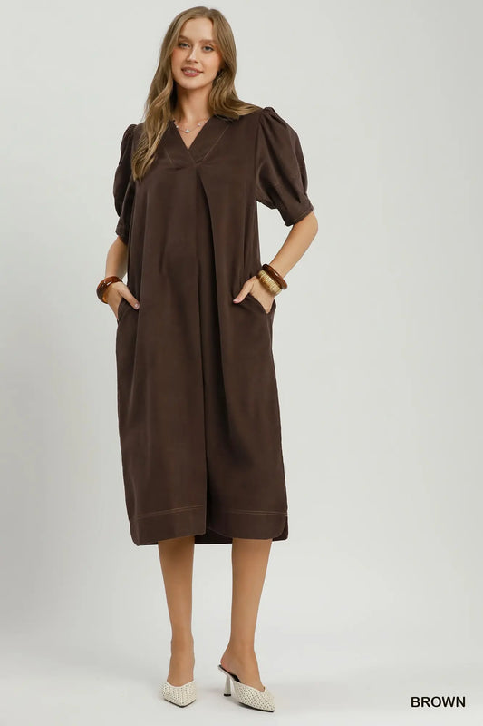Brown Corduroy Puff Sleeve Dress