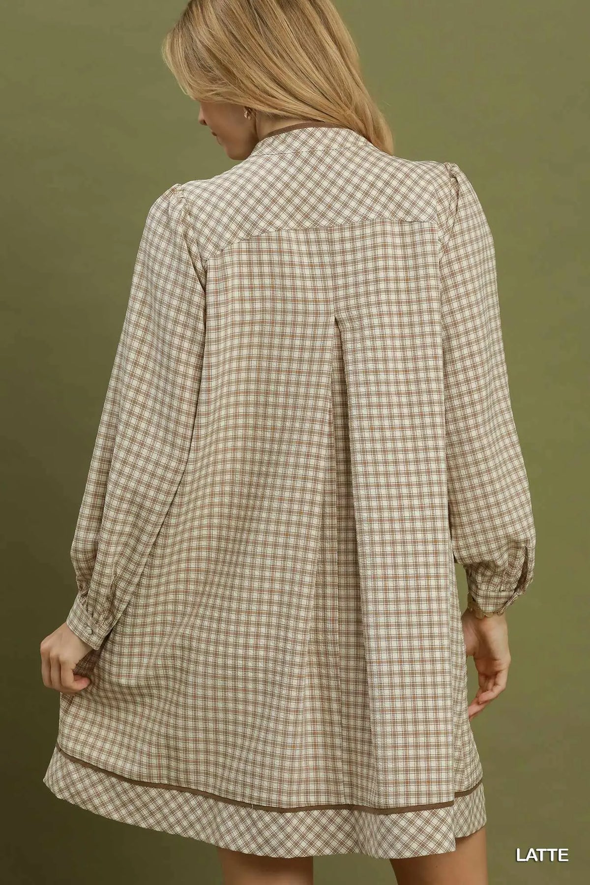 Plaid Contrast Collar Long Sleeve Shift Dress