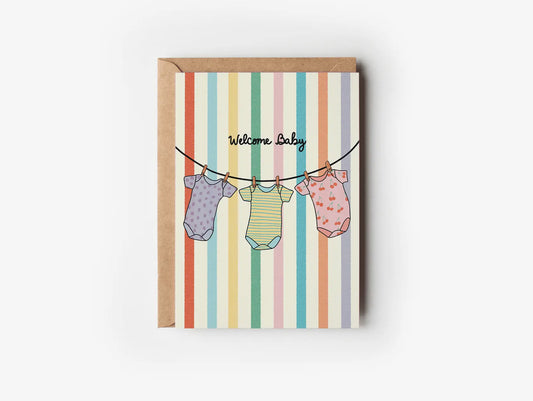 Welcome Baby Onesies Rainbow Striped Greeting Card