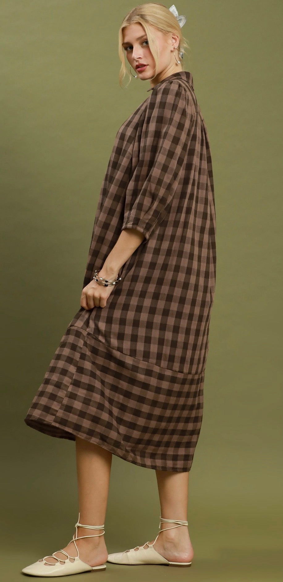 Brown Checkered Midi Dress