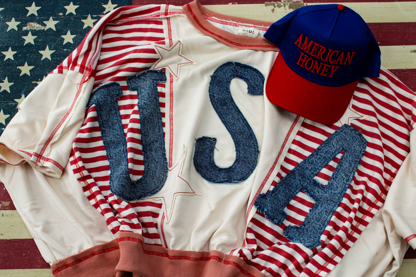 Washed Denim USA Patchwork Stripe Top