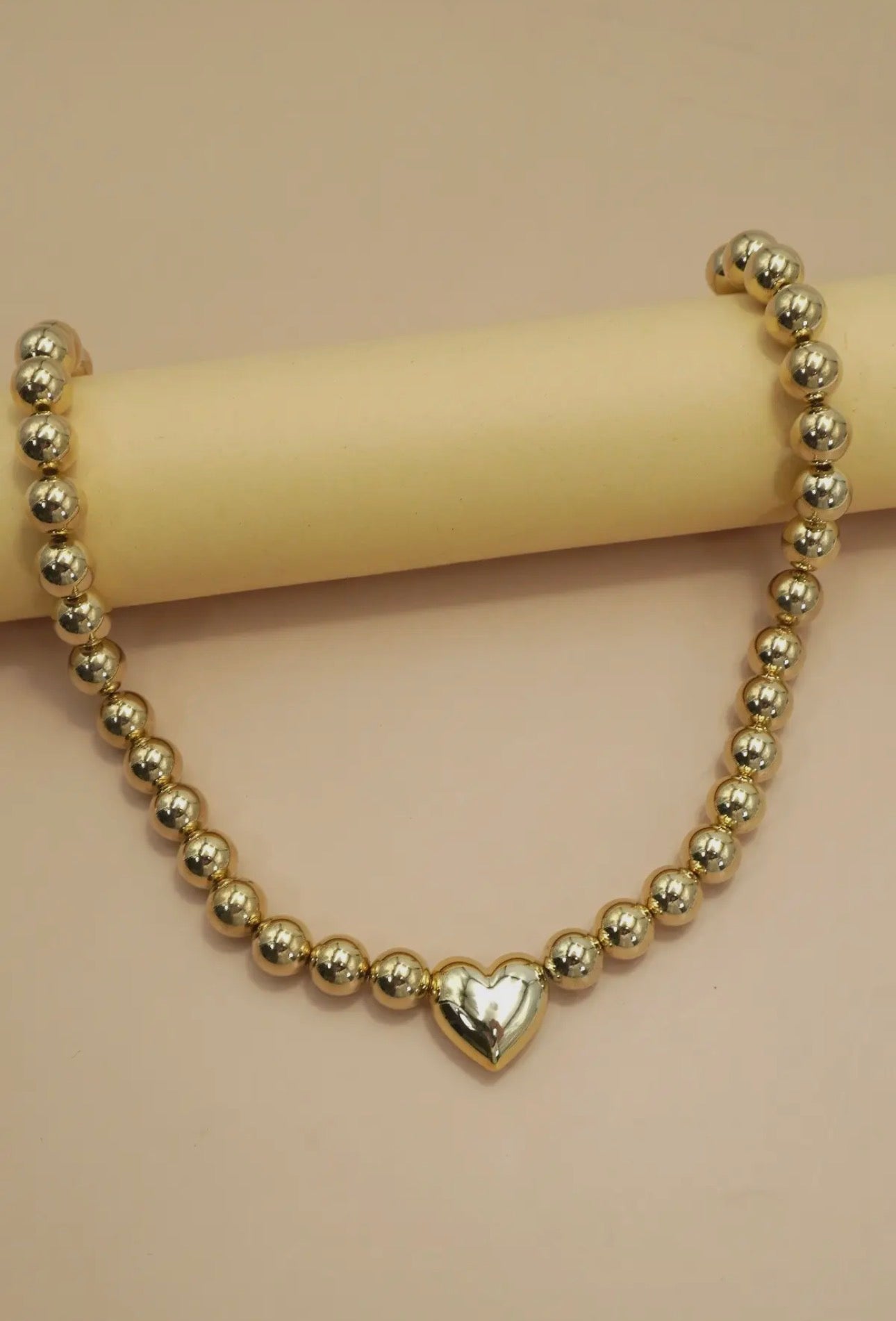 Gold Puff Heart Ball Chain Necklace