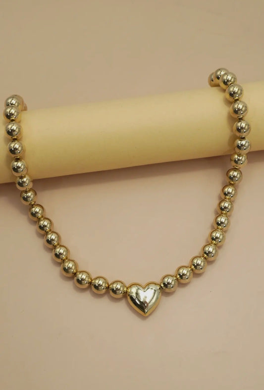 Gold Puff Heart Ball Chain Necklace