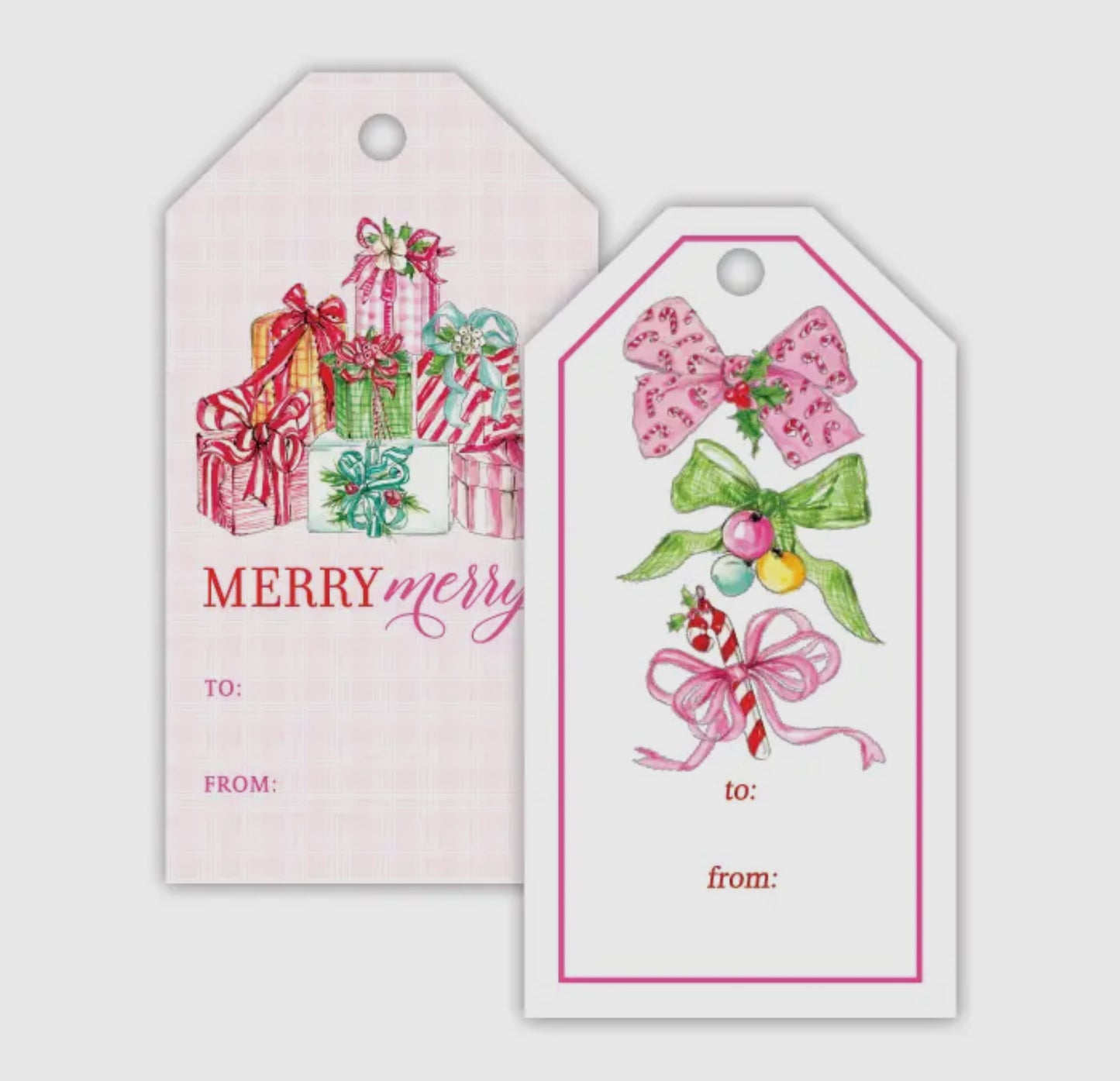 Handpainted Pink & Green Christmas Bows Gift Tag