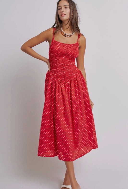 Polka Dot Smocked Cotton Midi Dress