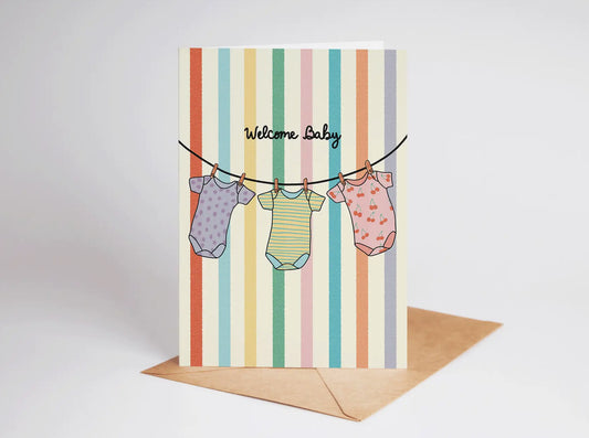 Welcome Baby Onesies Rainbow Striped Greeting Card