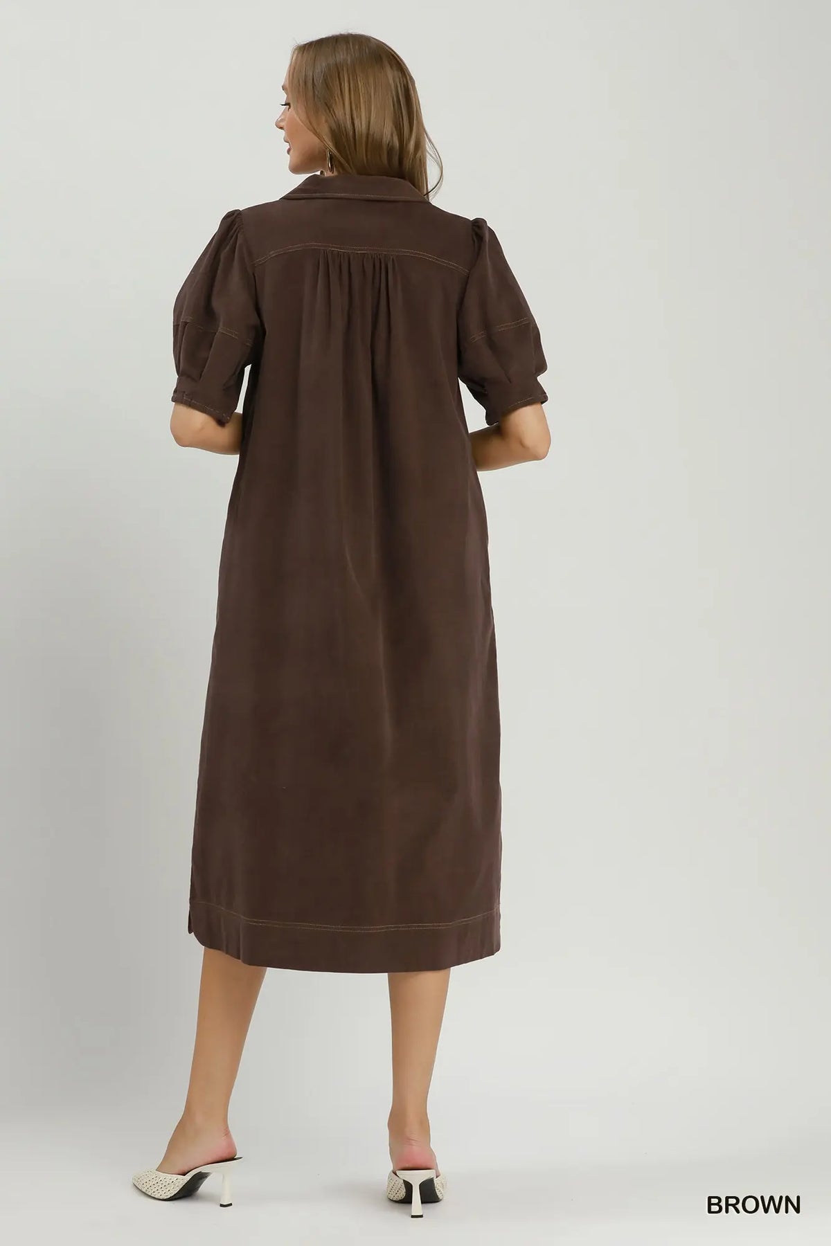 Brown Corduroy Puff Sleeve Dress