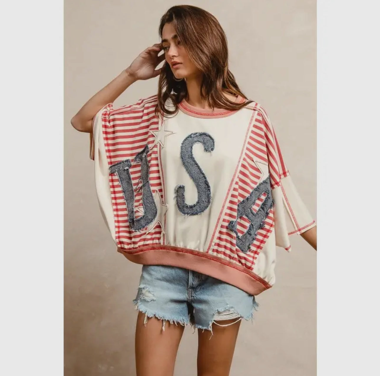 Washed Denim USA Patchwork Stripe Top