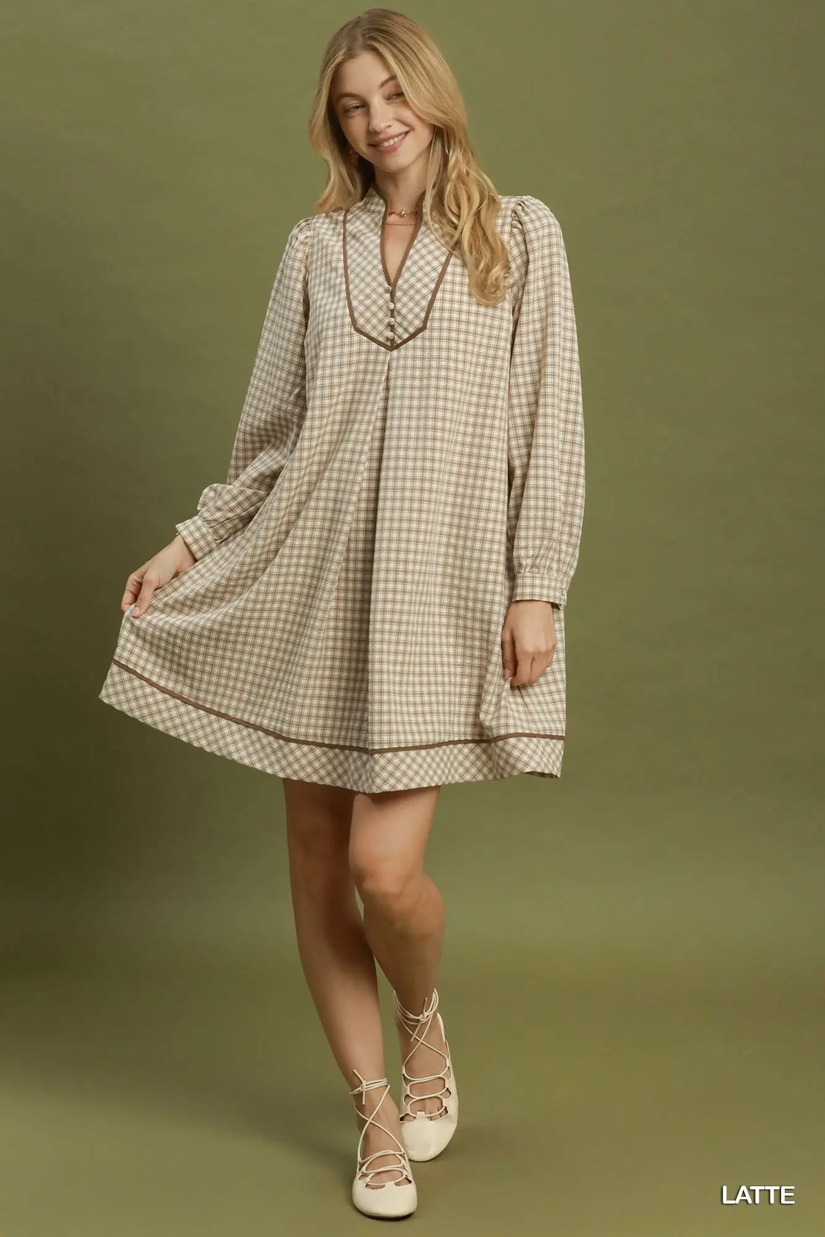 Plaid Contrast Collar Long Sleeve Shift Dress