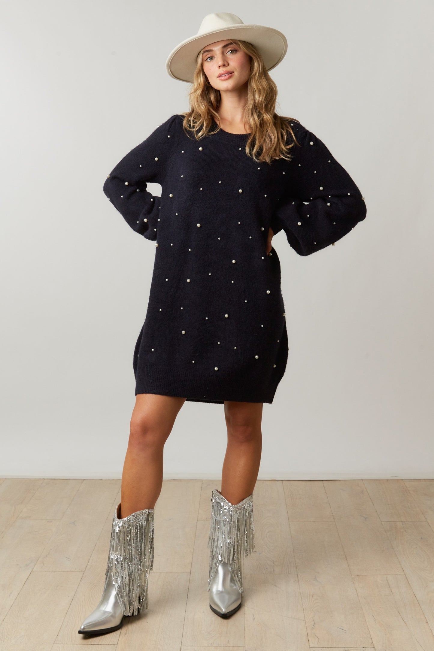 Sweater Tunic Dress with Pearl Trim