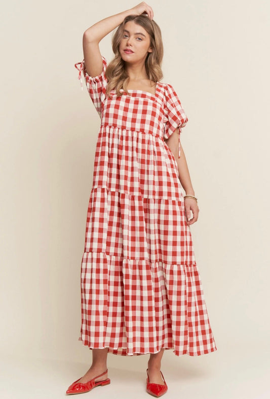 Checkered Tiered Red Maxi Dress