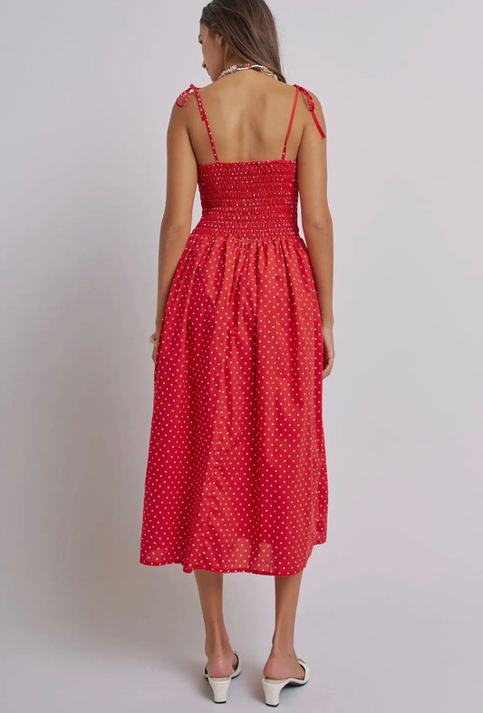 Polka Dot Smocked Cotton Midi Dress