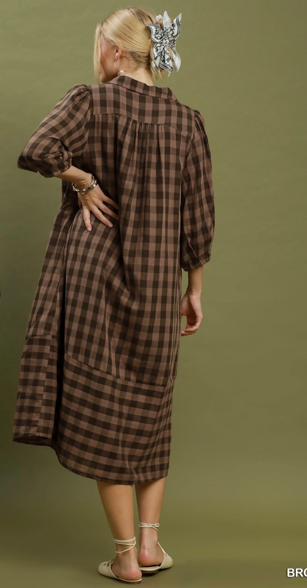 Brown Checkered Midi Dress