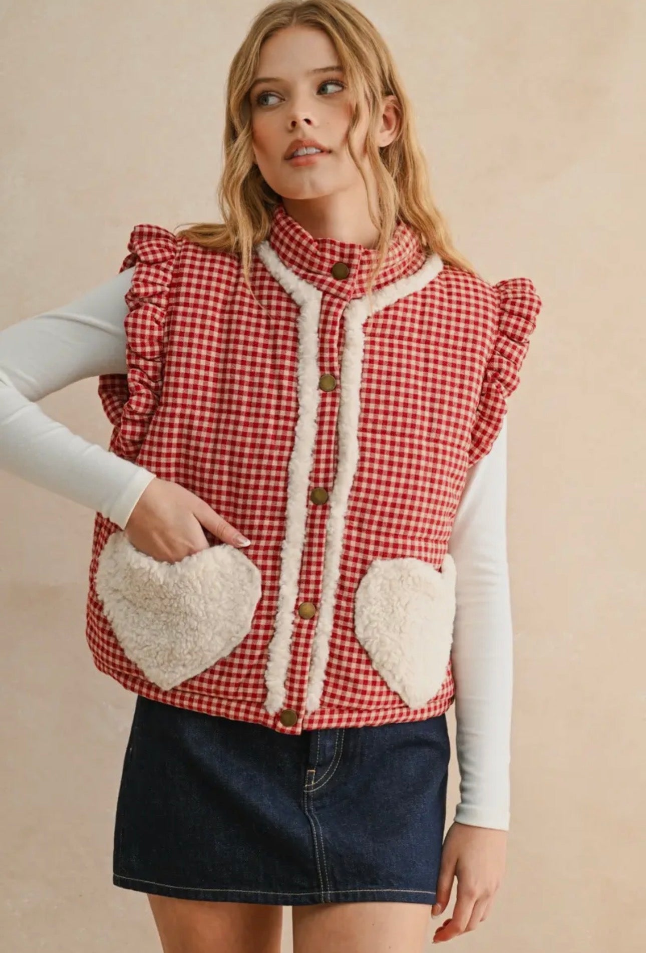 Gingham Sherpa Red Vest