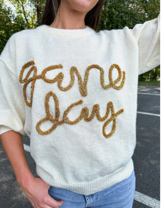 Game Day Metallic Letter Puff Sleeve Sweater