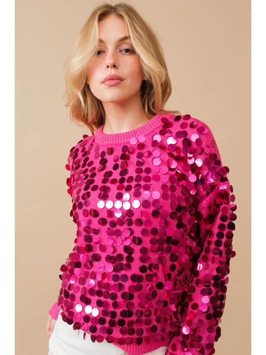 Pink Sequin Crew Neck Sweater