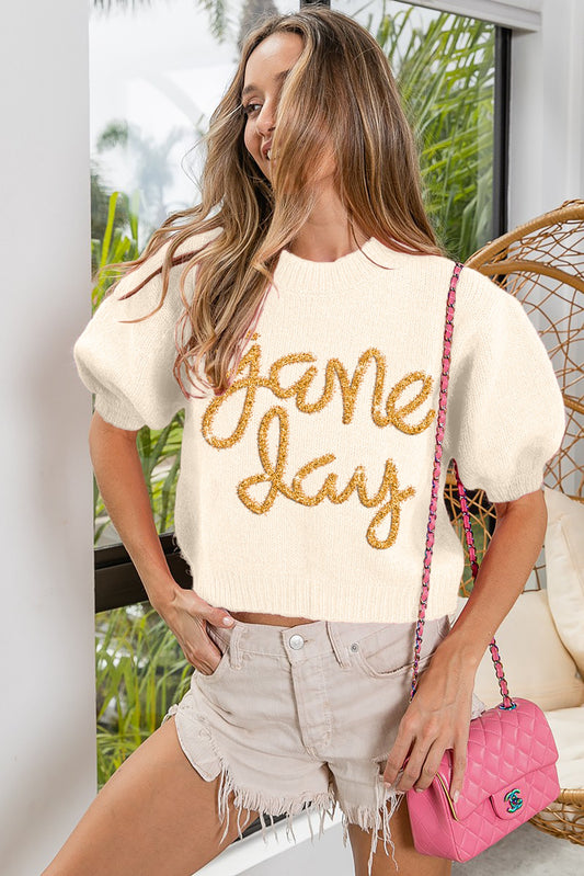Game Day Metallic Letter Puff Sleeve Sweater